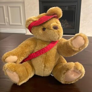 Hallmark Plush Bear Postbear Express Mail Brown Stuffed Animal Red Visor & Bag